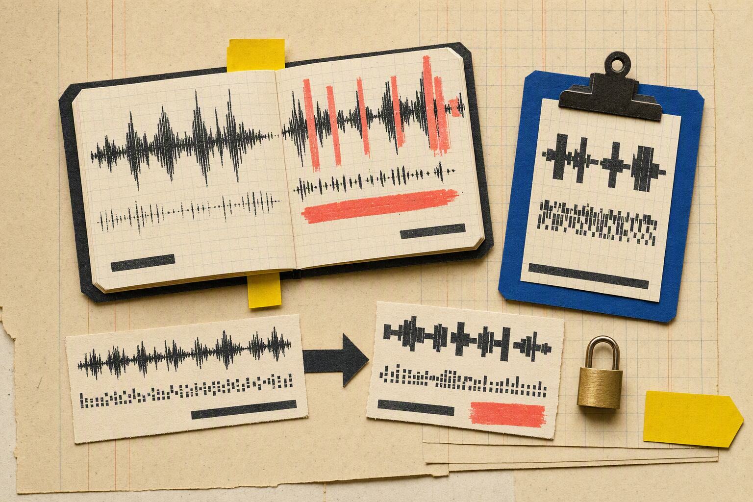 Paper correction ledger with abstract waveforms, a before-to-after arrow, clipboard, and padlock